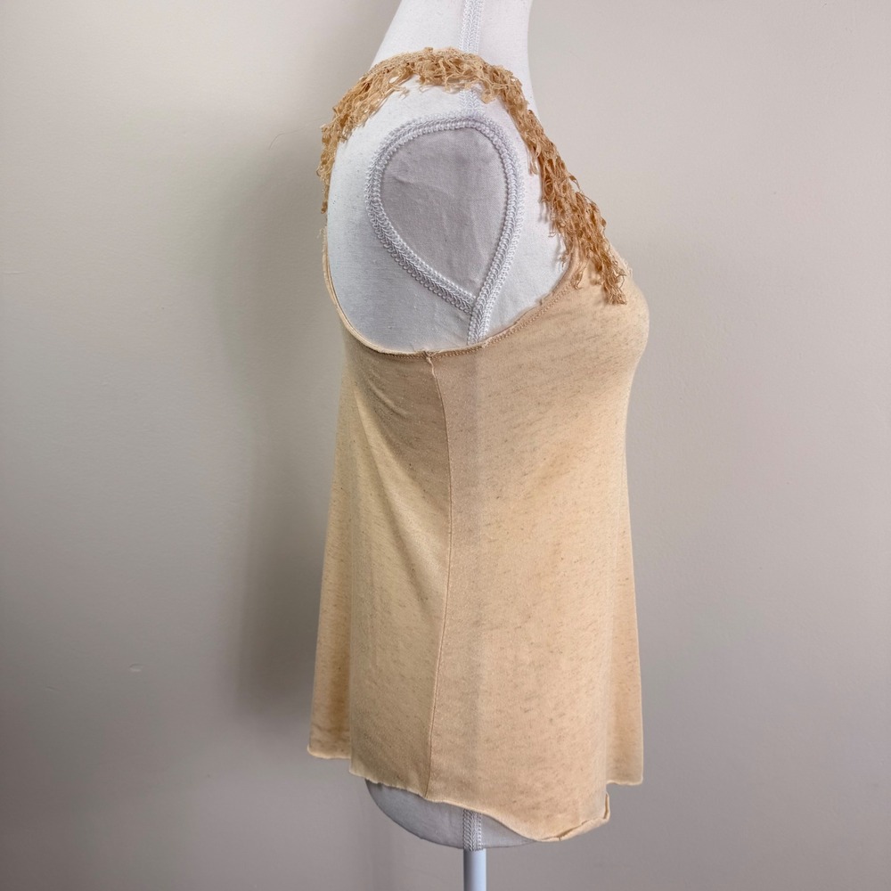 VTG. Free People Cream Slub Knit Racerback Tank Top Fringe Crochet Trim XS - Picture 2 of 9